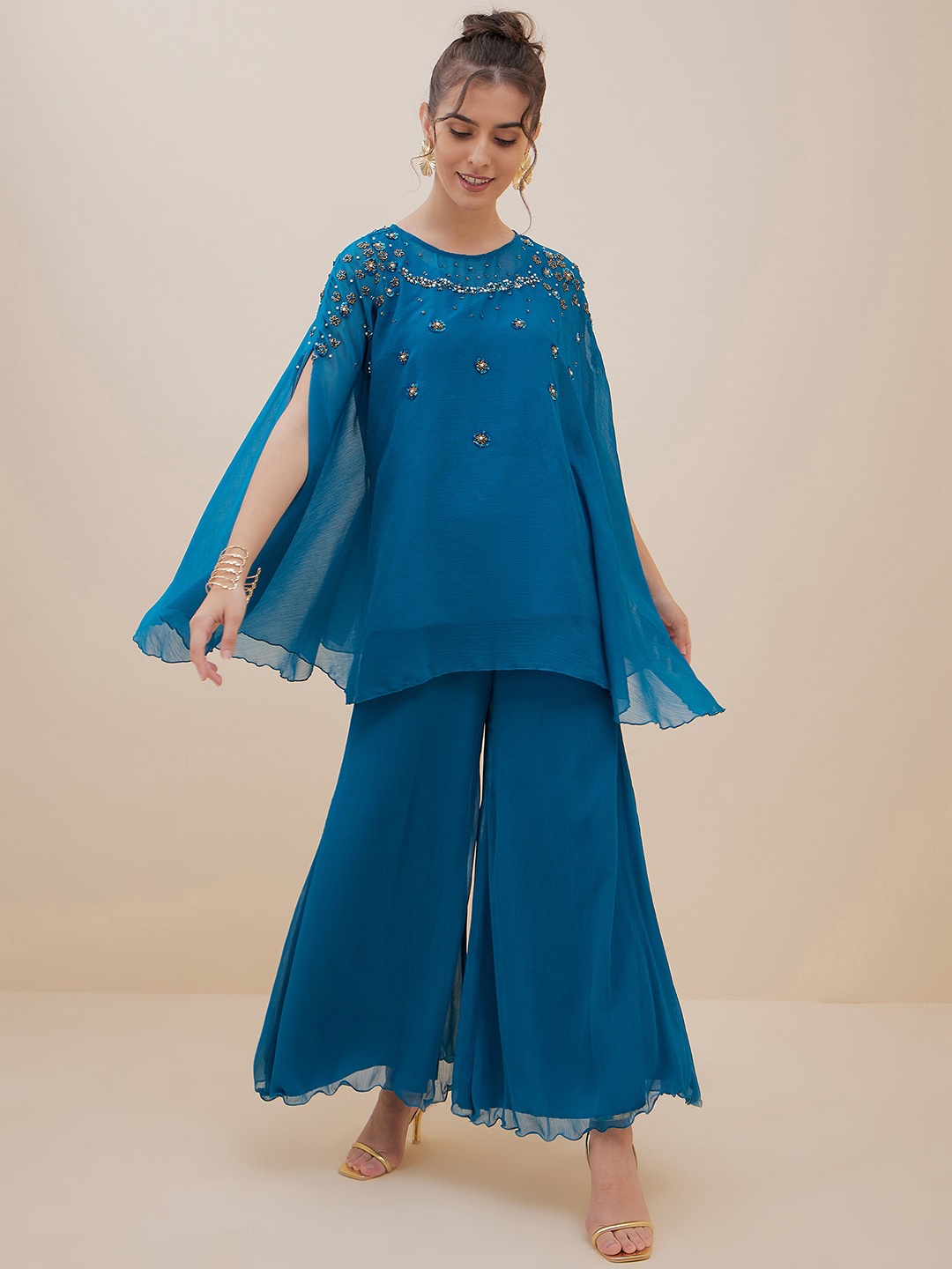 

Antheaa Slit Sleeves Beads and Stones Kaftan Top With Palazzos, Teal