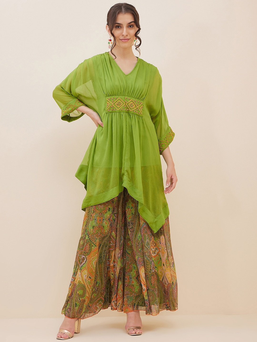 

Antheaa Thread Work Kaftan Top With Palazzos, Green