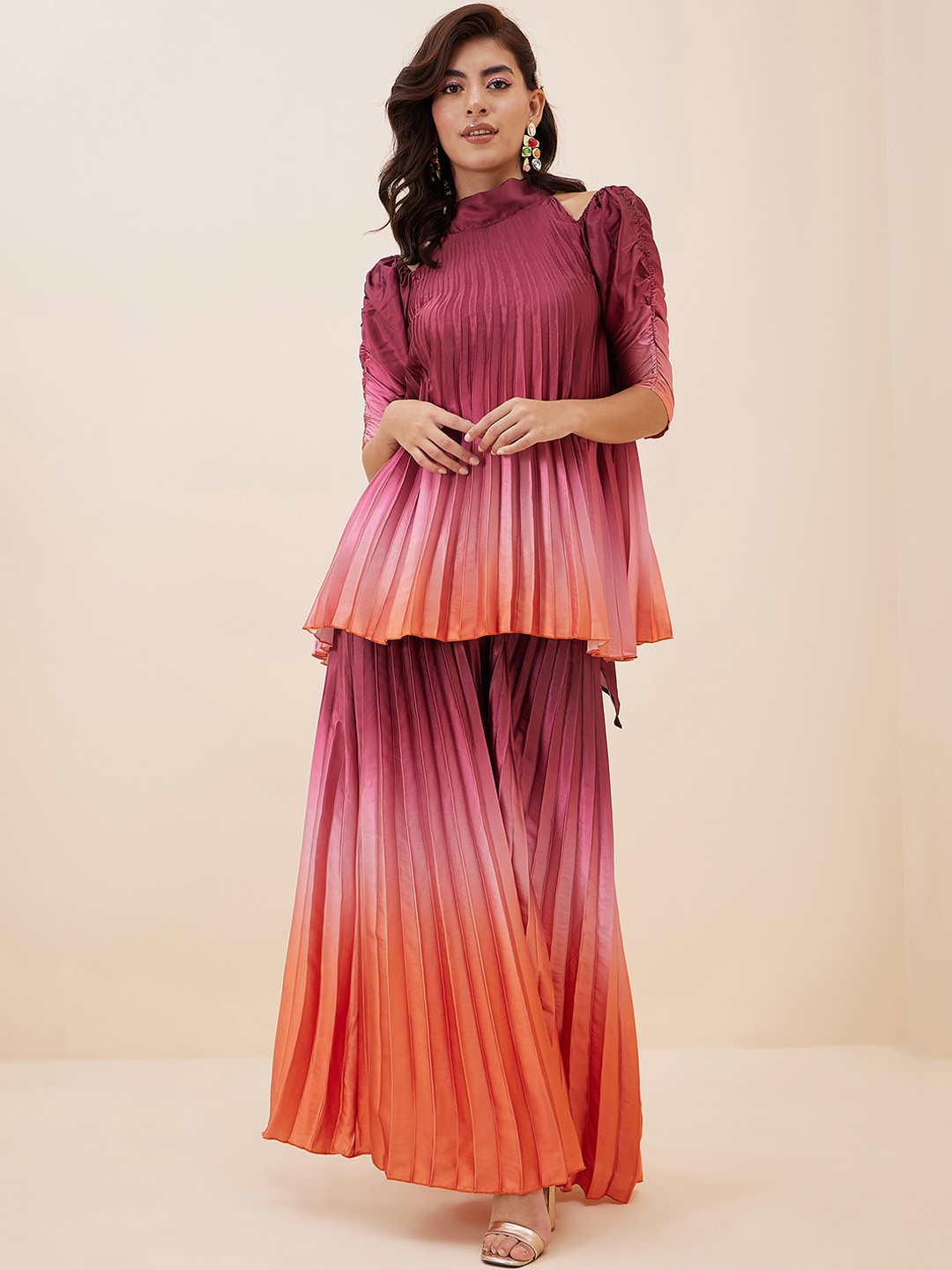 

Antheaa Pink & Orange Ombre Pleated Halter Neck Tunic With Palazzos