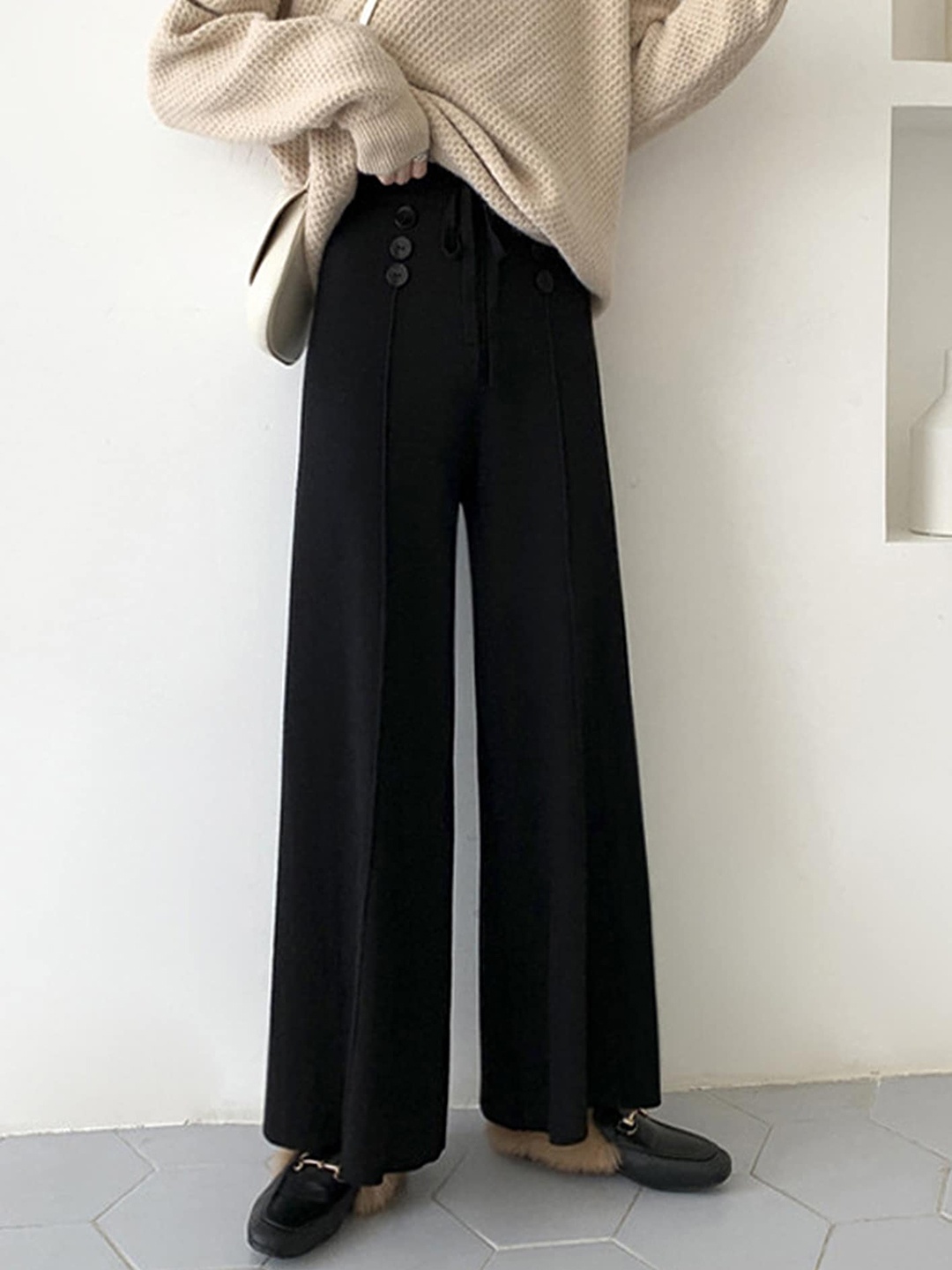 

LULU & SKY Women Straight Fit High-Rise Pleated Parallel Trousers, Black