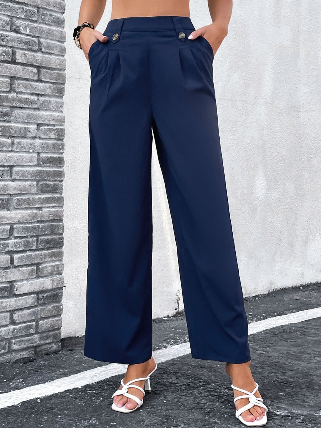 

LULU & SKY Women Straight Fit High-Rise Pleated Trousers, Navy blue