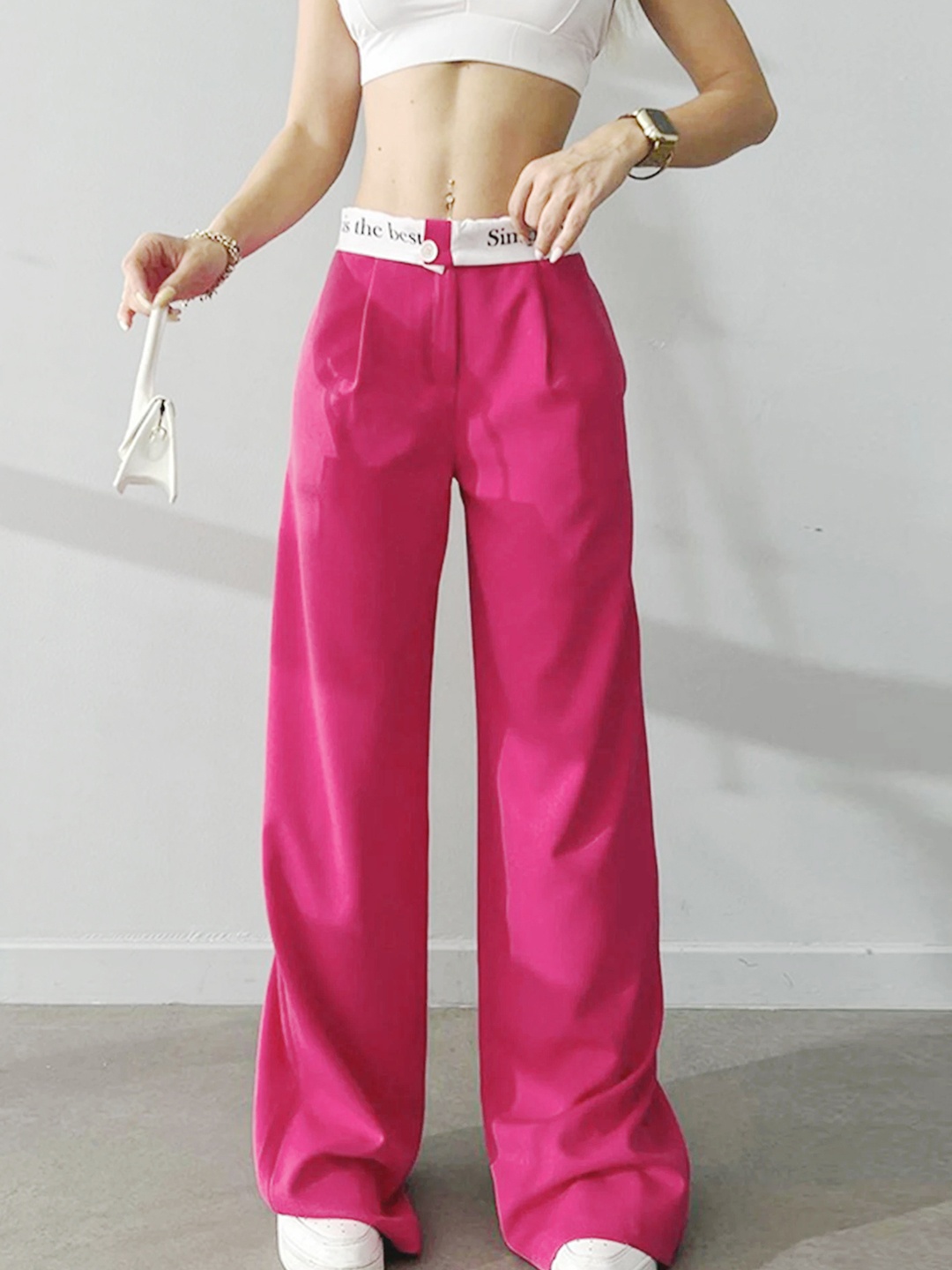 

LULU & SKY Women Straight Fit Mid-Rise Parallel Trousers, Pink