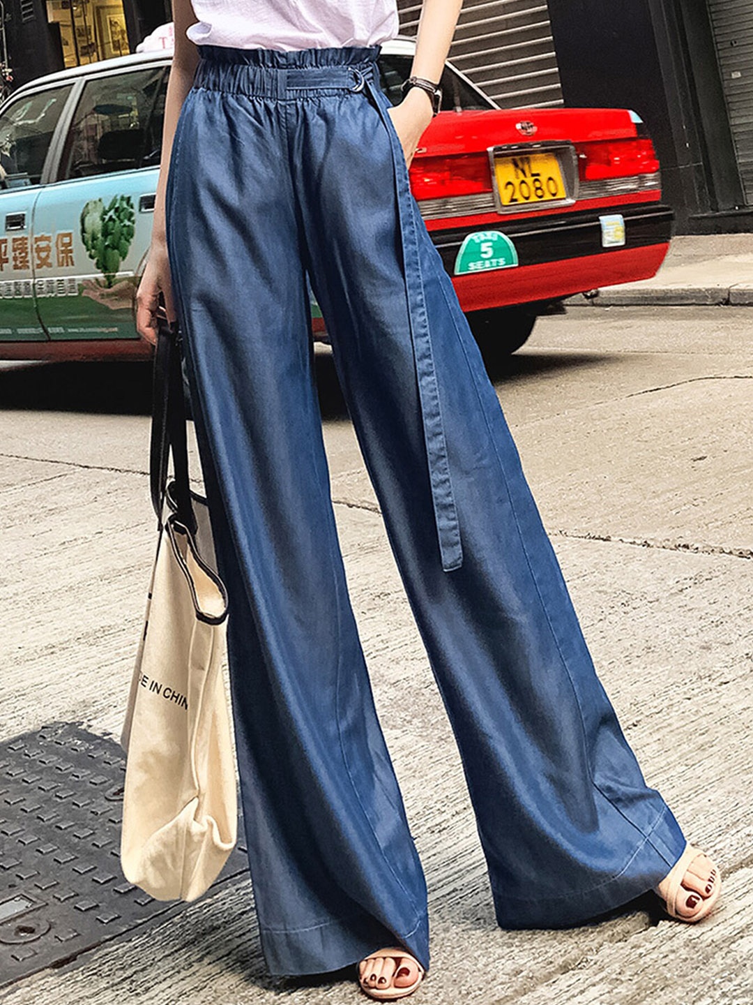

LULU & SKY Women Straight Fit High-Rise Wide Trousers, Blue
