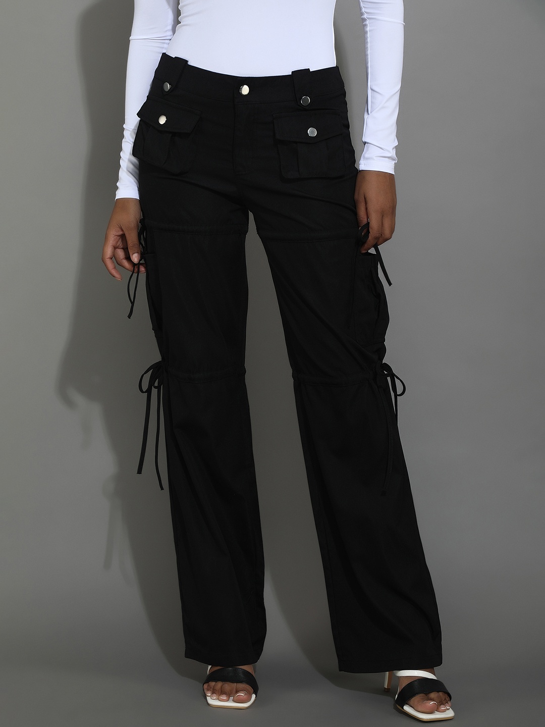 

LULU & SKY Women Straight Fit Low-Rise Trousers, Black