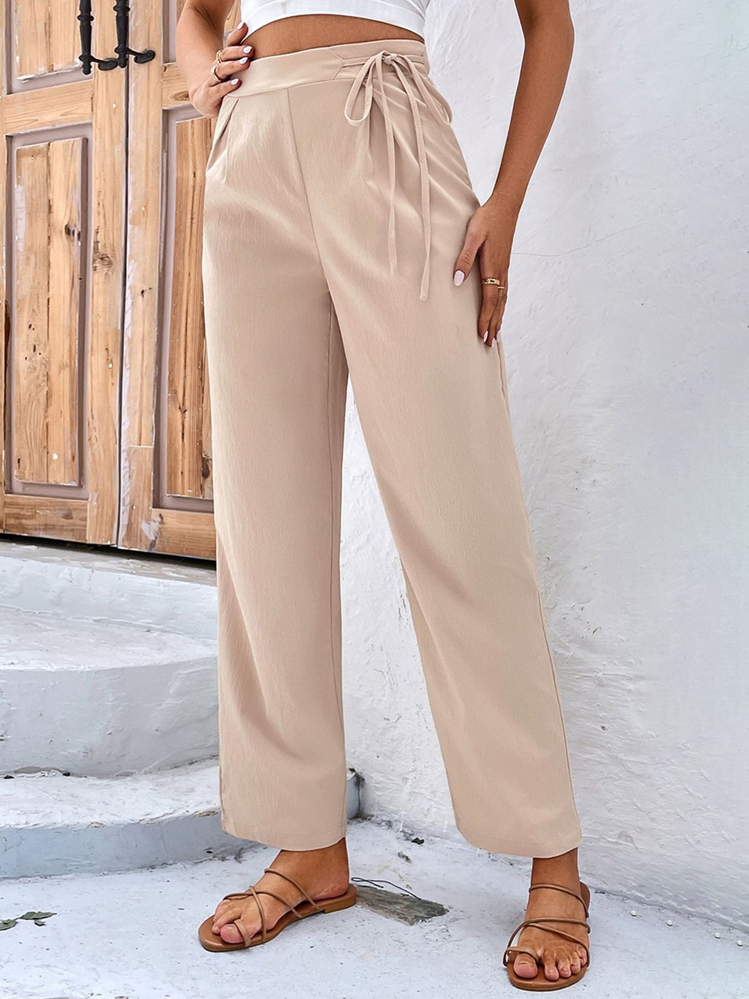 

LULU & SKY Women Straight Fit High-Rise Pleated Trousers, Beige