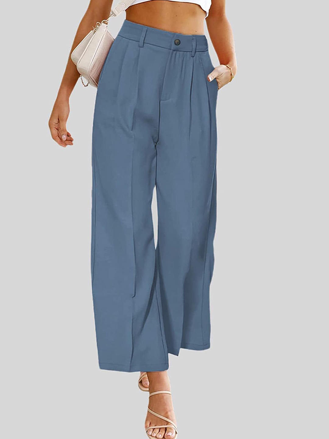 

LULU & SKY Women Straight Fit Mid-Rise Plain Pleated Parallel Trousers, Blue