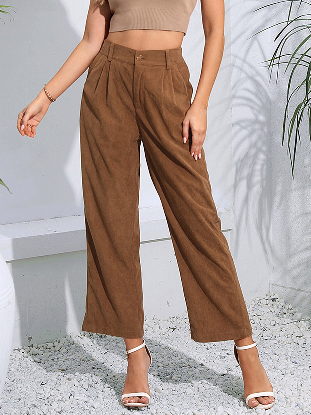 

LULU & SKY Women Straight Fit High-Rise Pleated Trousers, Brown