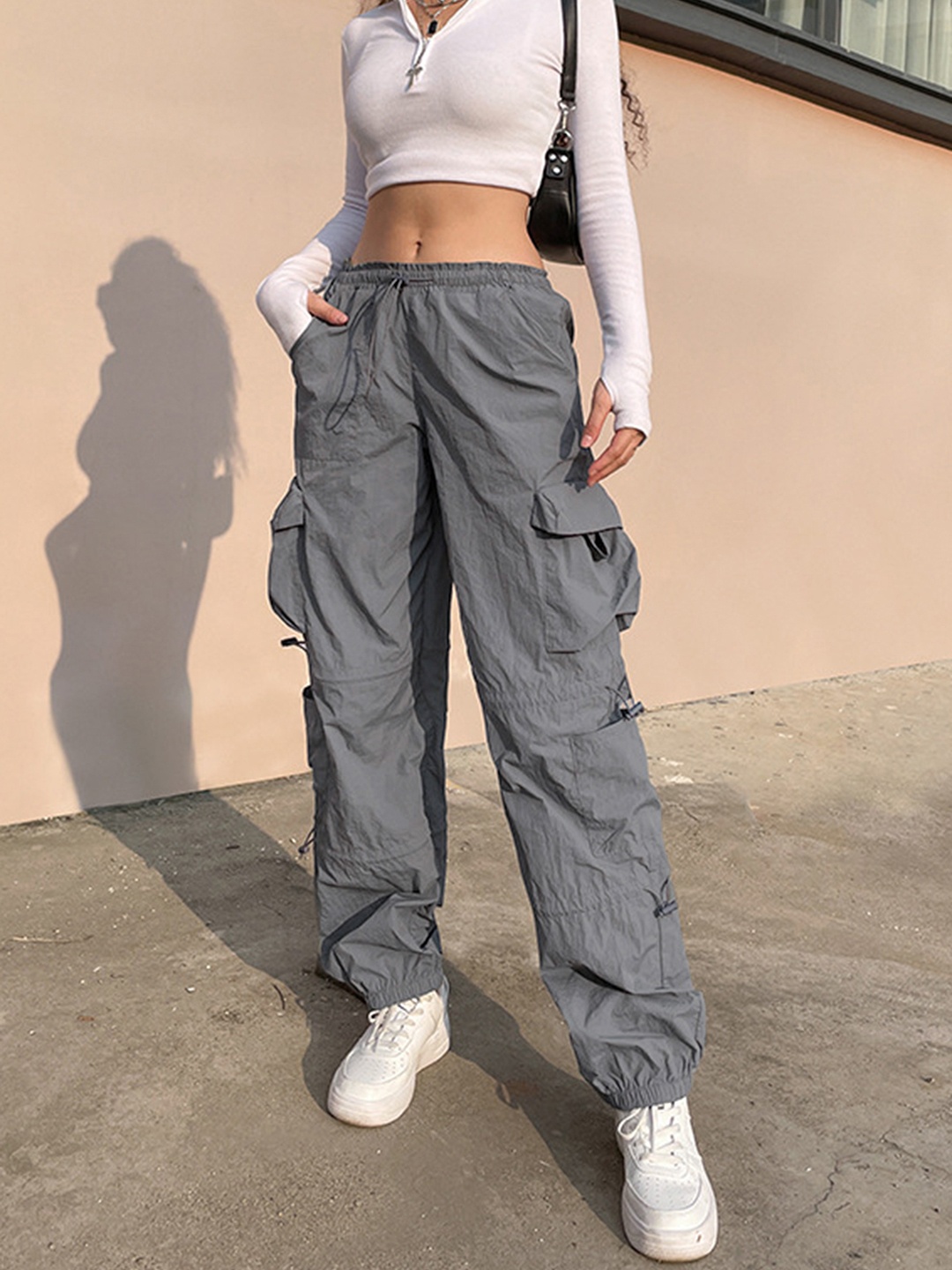 

LULU & SKY Women Straight Fit Low-Rise Cargos Trousers, Grey