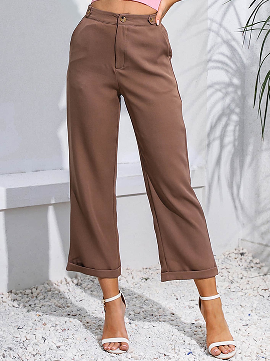 

LULU & SKY Women Straight Fit High-Rise Trousers, Brown