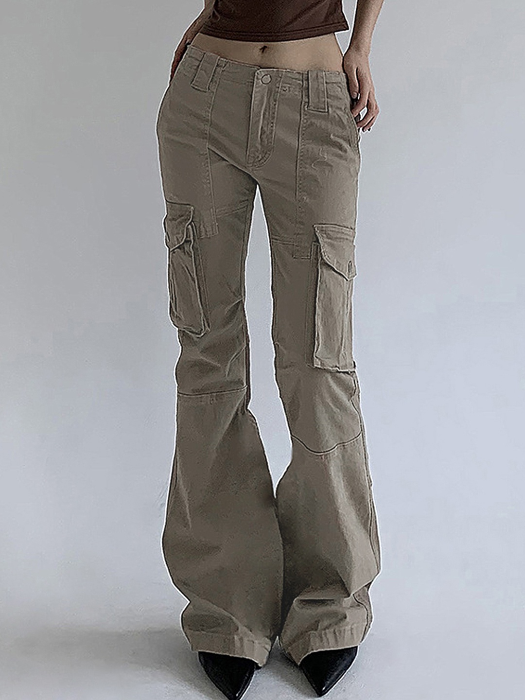 

LULU & SKY Women Flared Mid-Rise Plain Cargos, Grey