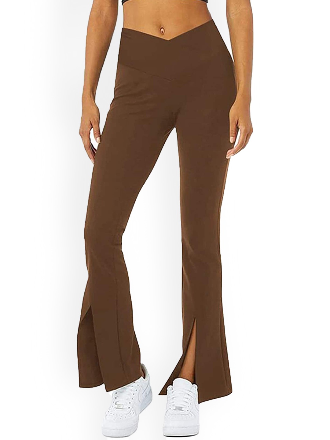 

LULU & SKY Women Flared Slit Detail Mid-Rise Trousers, Brown