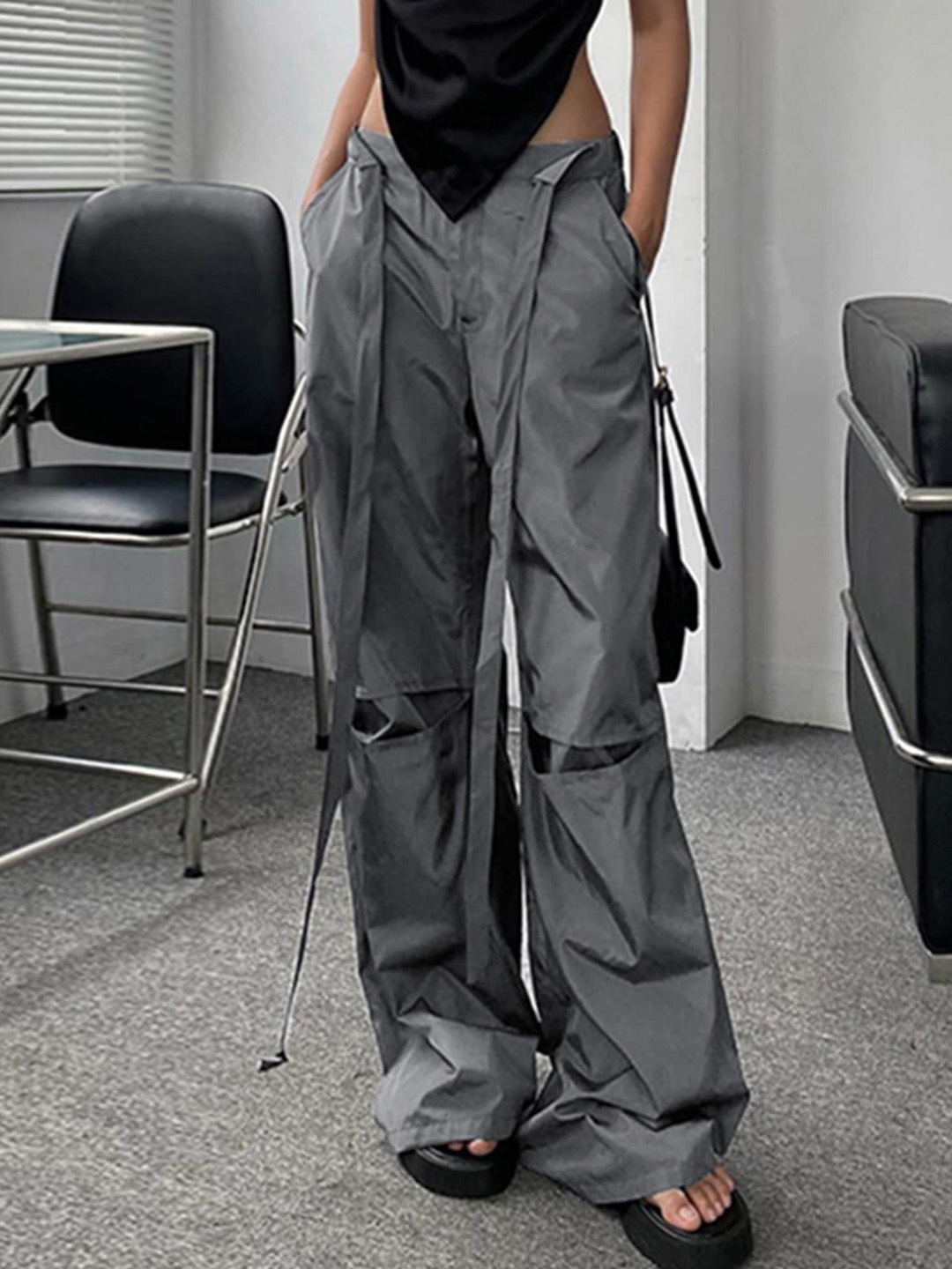 

LULU & SKY Women Straight Fit Low-Rise Parachute Trousers, Grey