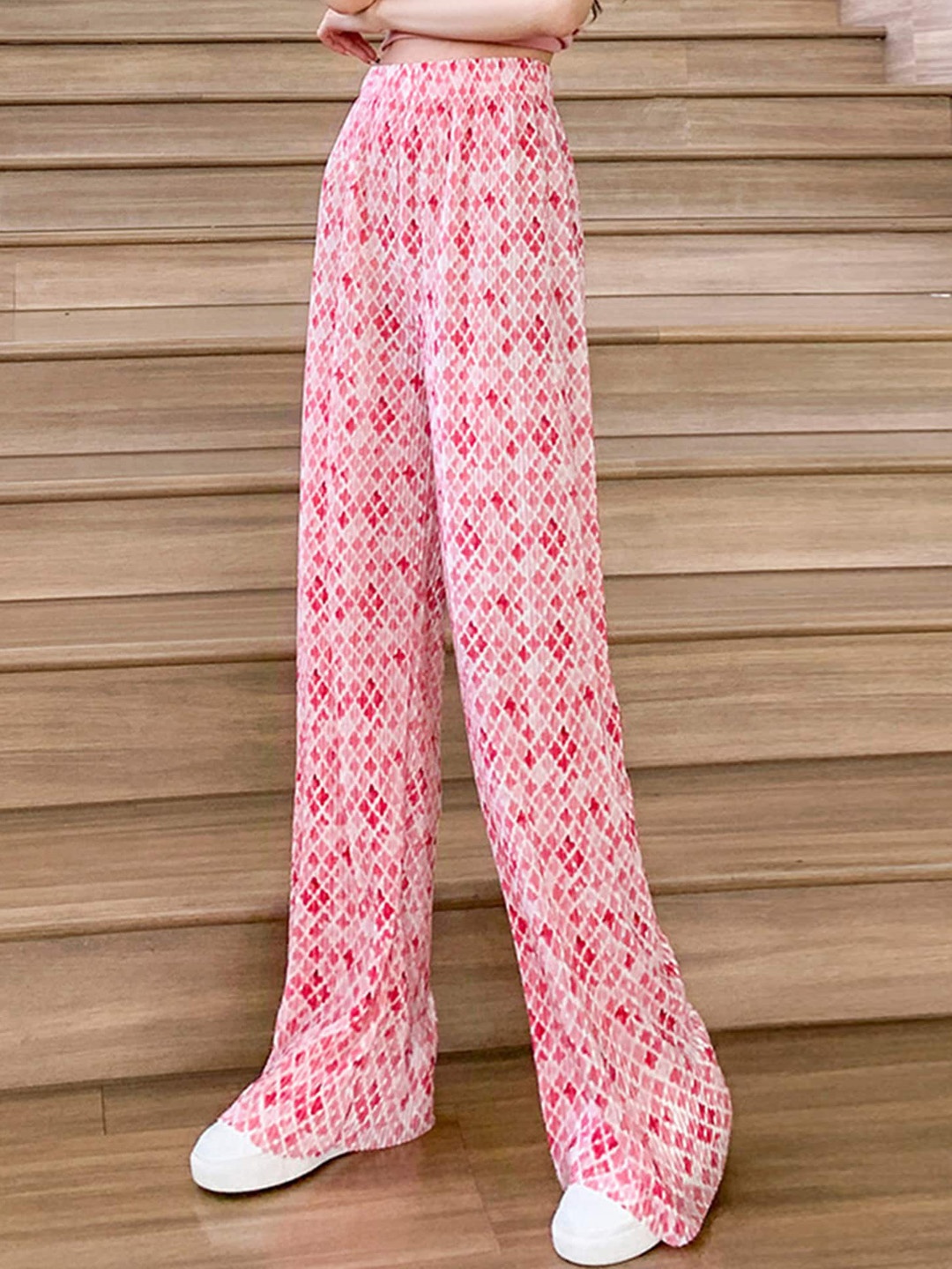 

LULU & SKY Women Floral Printed Wide Leg Straight Fit High-Rise Parallel Trousers, Pink