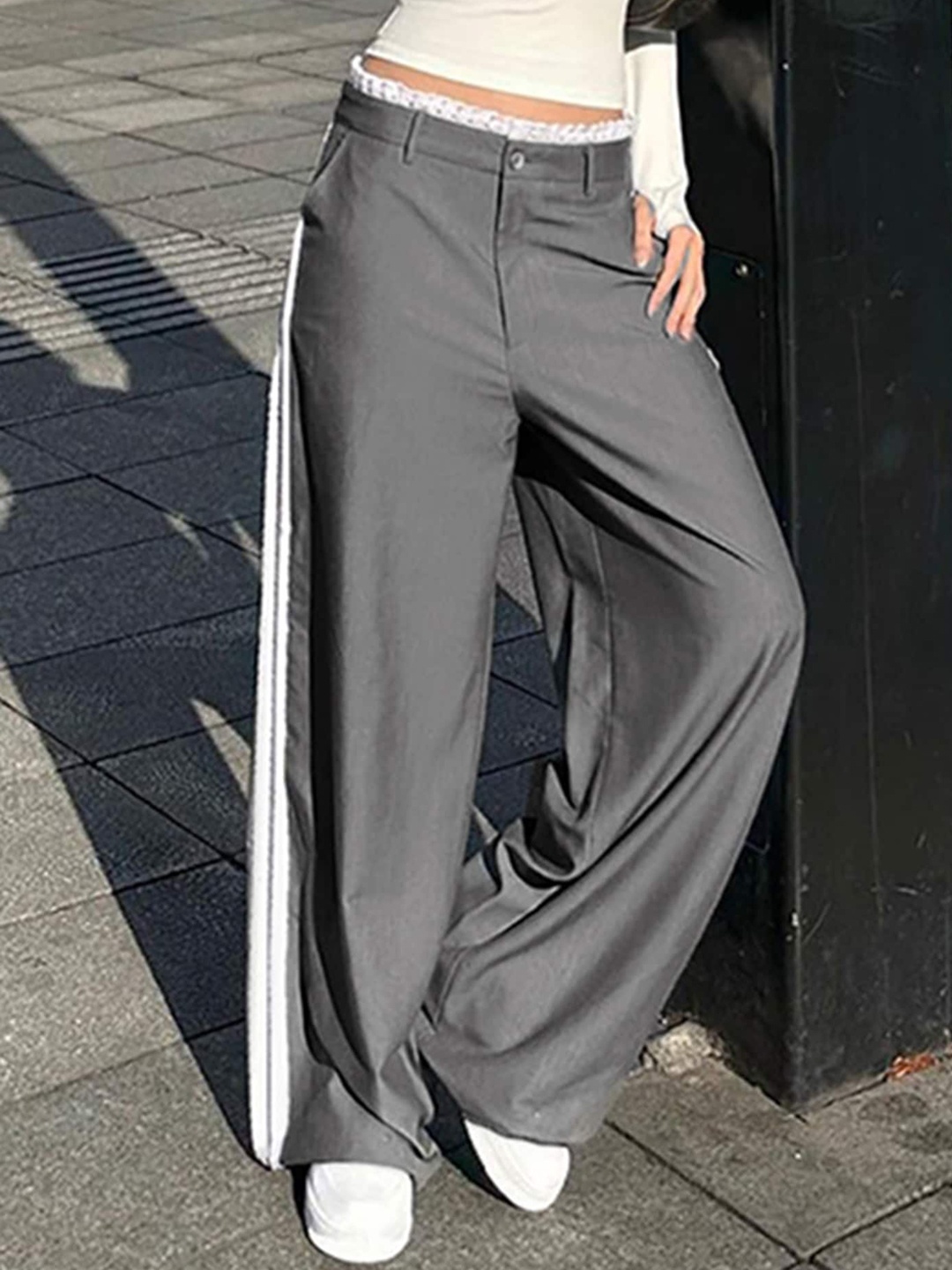 

LULU & SKY Women Ruffle Trim Straight Fit Low-Rise Trousers, Grey