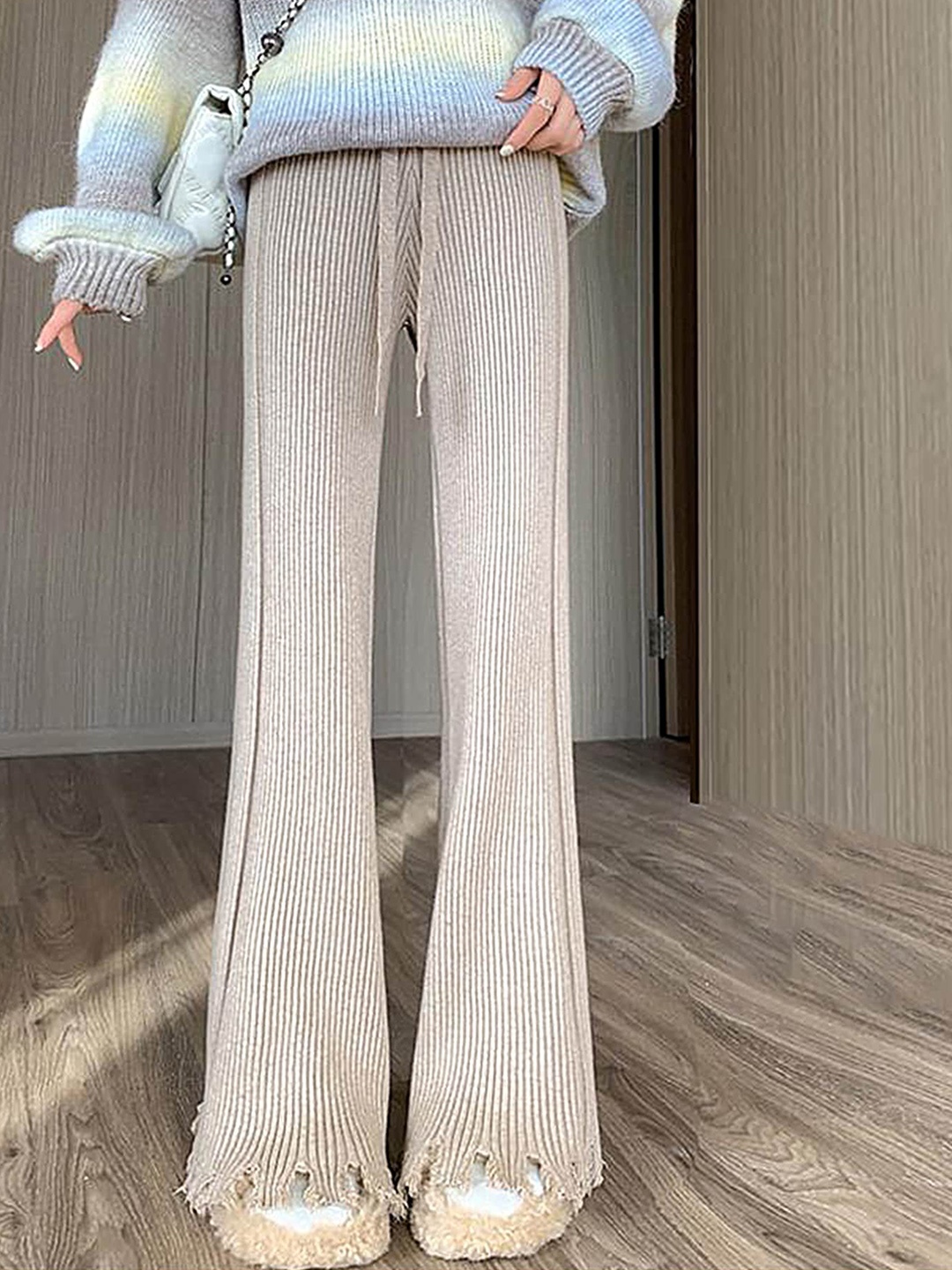 

LULU & SKY Women Straight Fit Knitted High-Rise Trousers, Beige