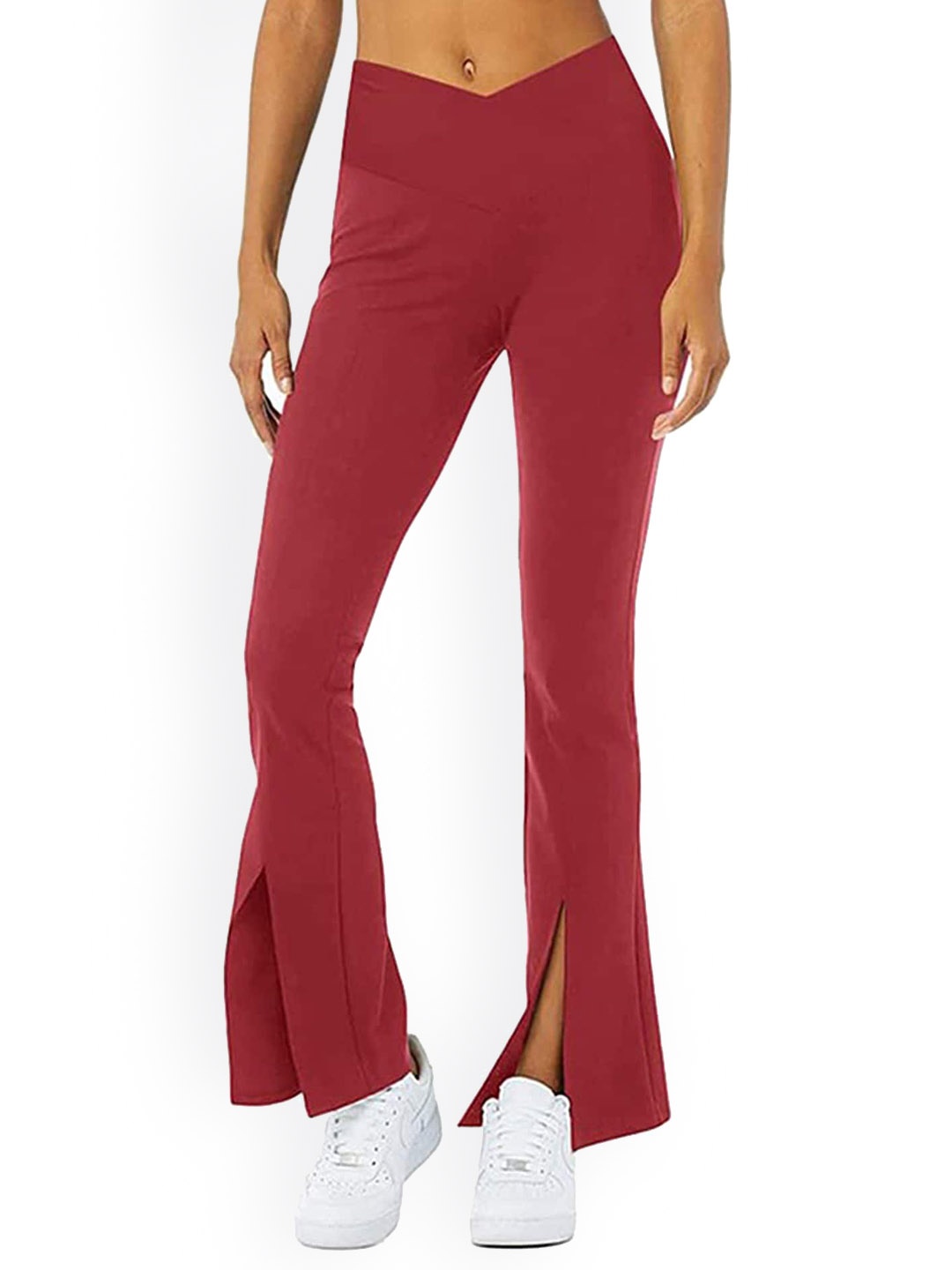 

LULU & SKY Women Flared Mid-Rise Plain Bootcut Trousers, Red