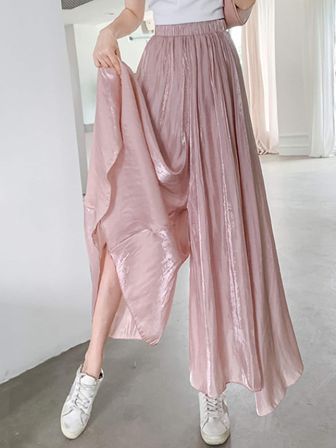 

LULU & SKY Women Loose Fit High-Rise Plain Pleated Culottes Trousers, Pink
