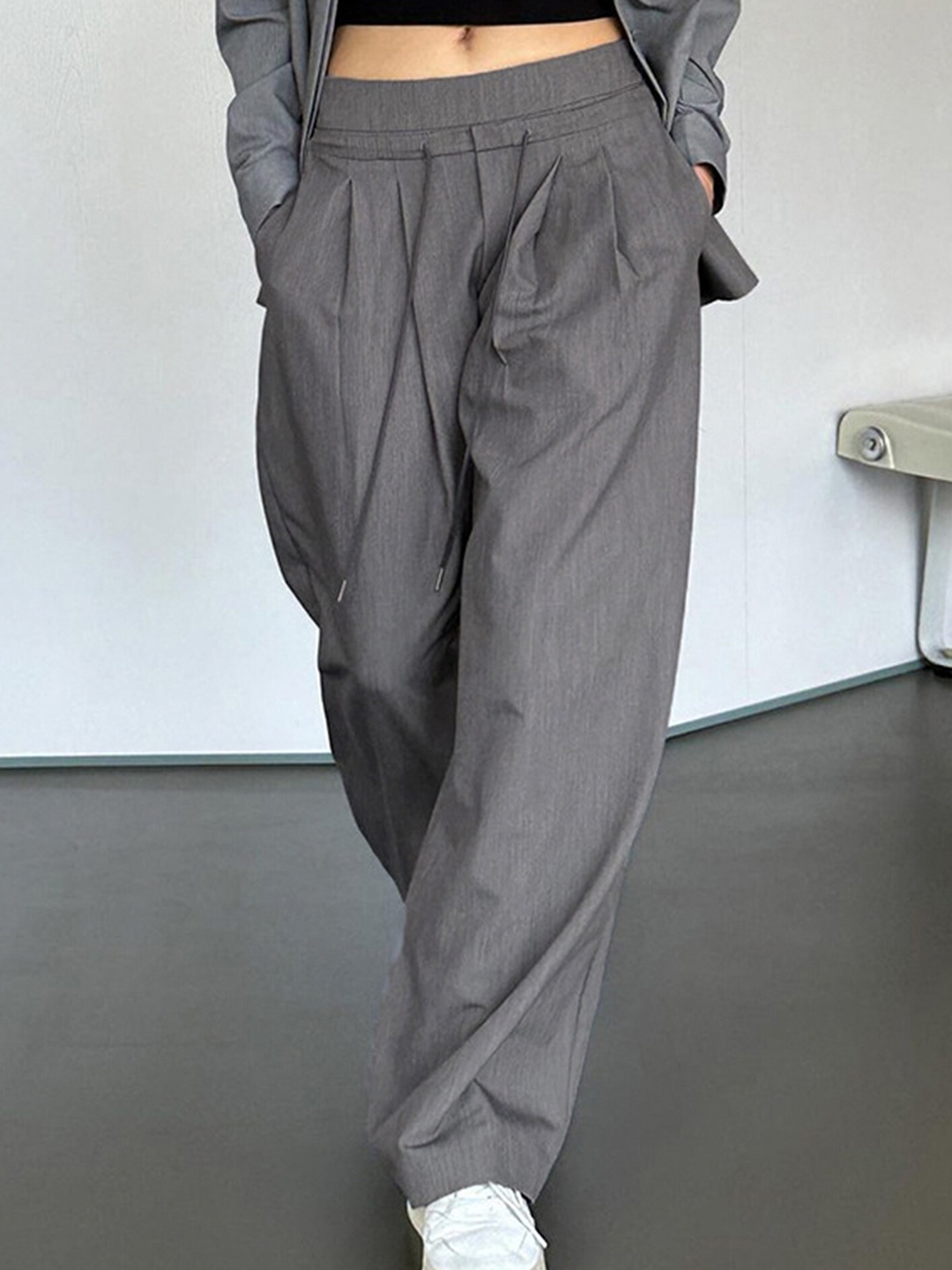 

LULU & SKY Women Straight Fit Pleated Trousers, Grey