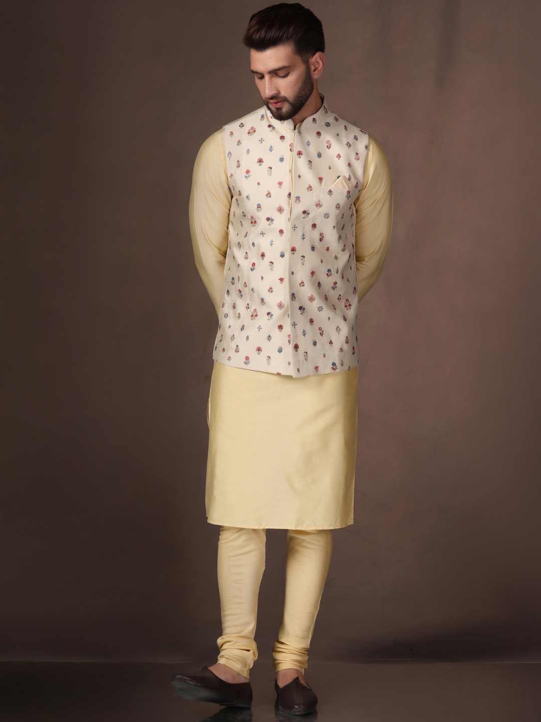 

KISAH Mandarin Collar Kurta with Churidar & Nehru Jacket, Cream