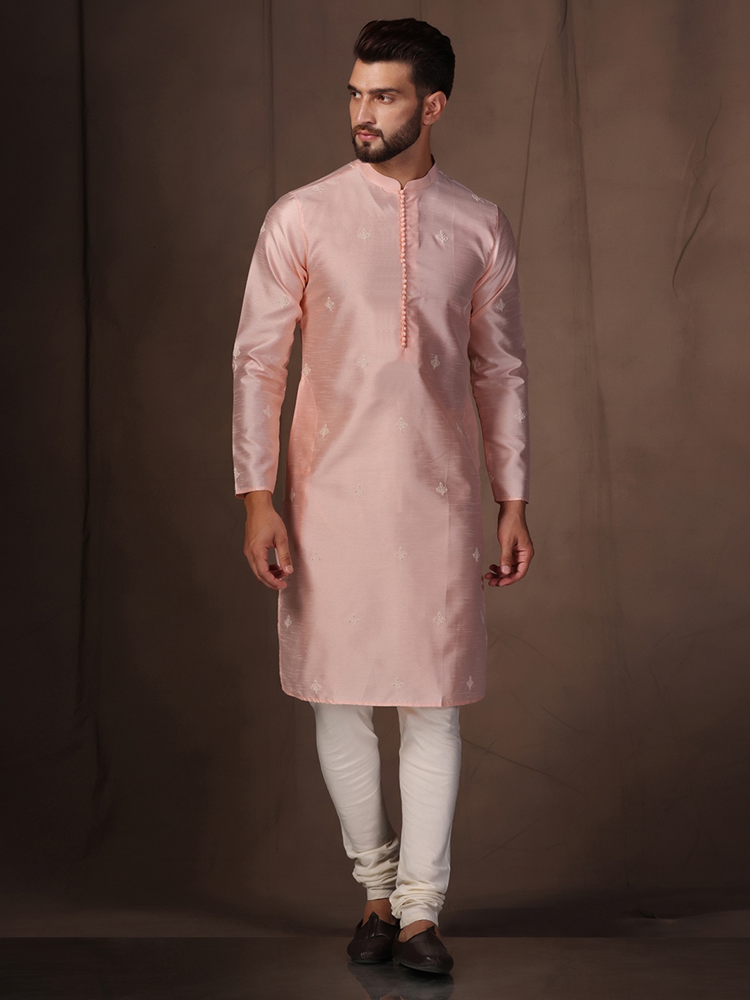 

KISAH Floral Embroidered Mandarin Collar Sequined Straight Kurta with Churidar, Pink