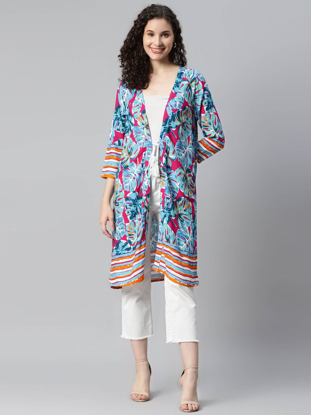 

DEEBACO Women Blue & White Printed Longline Tropical Tie-Up Shrug