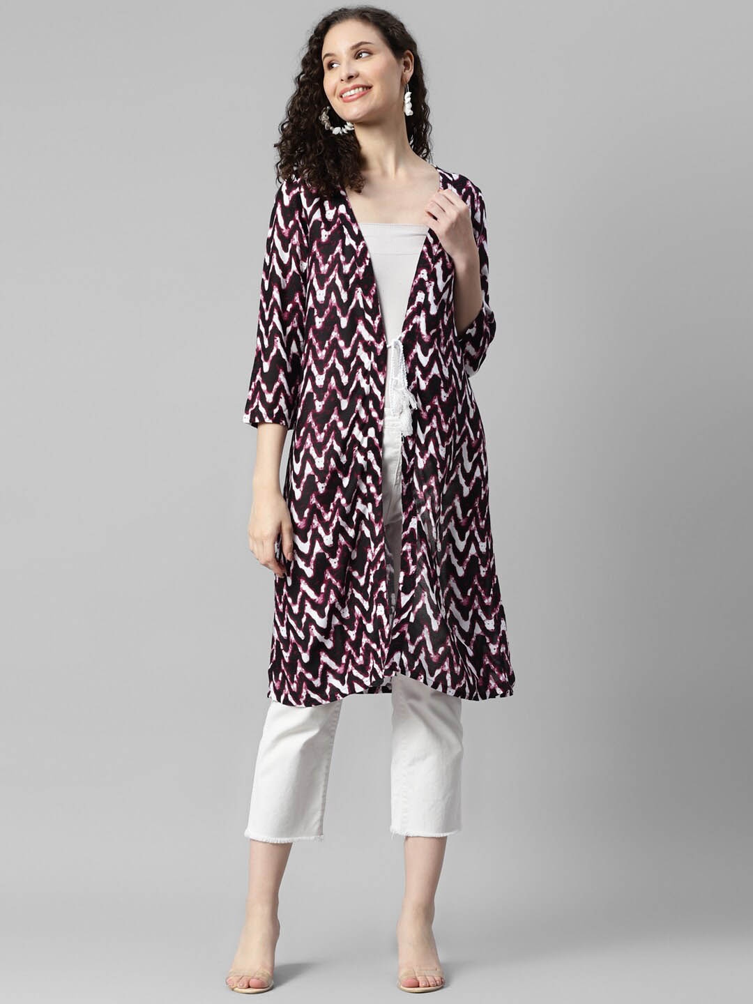 

DEEBACO Women Maroon & White Printed Longline Tie-Up Shrug