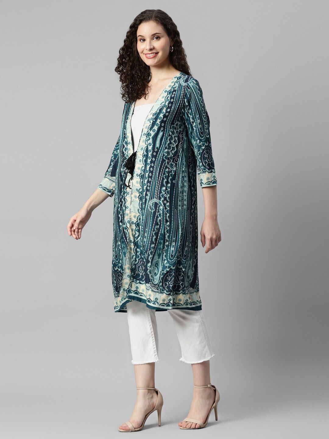 

DEEBACO Ethnic Motifs Printed Longline Tie-Up Shrug, Teal