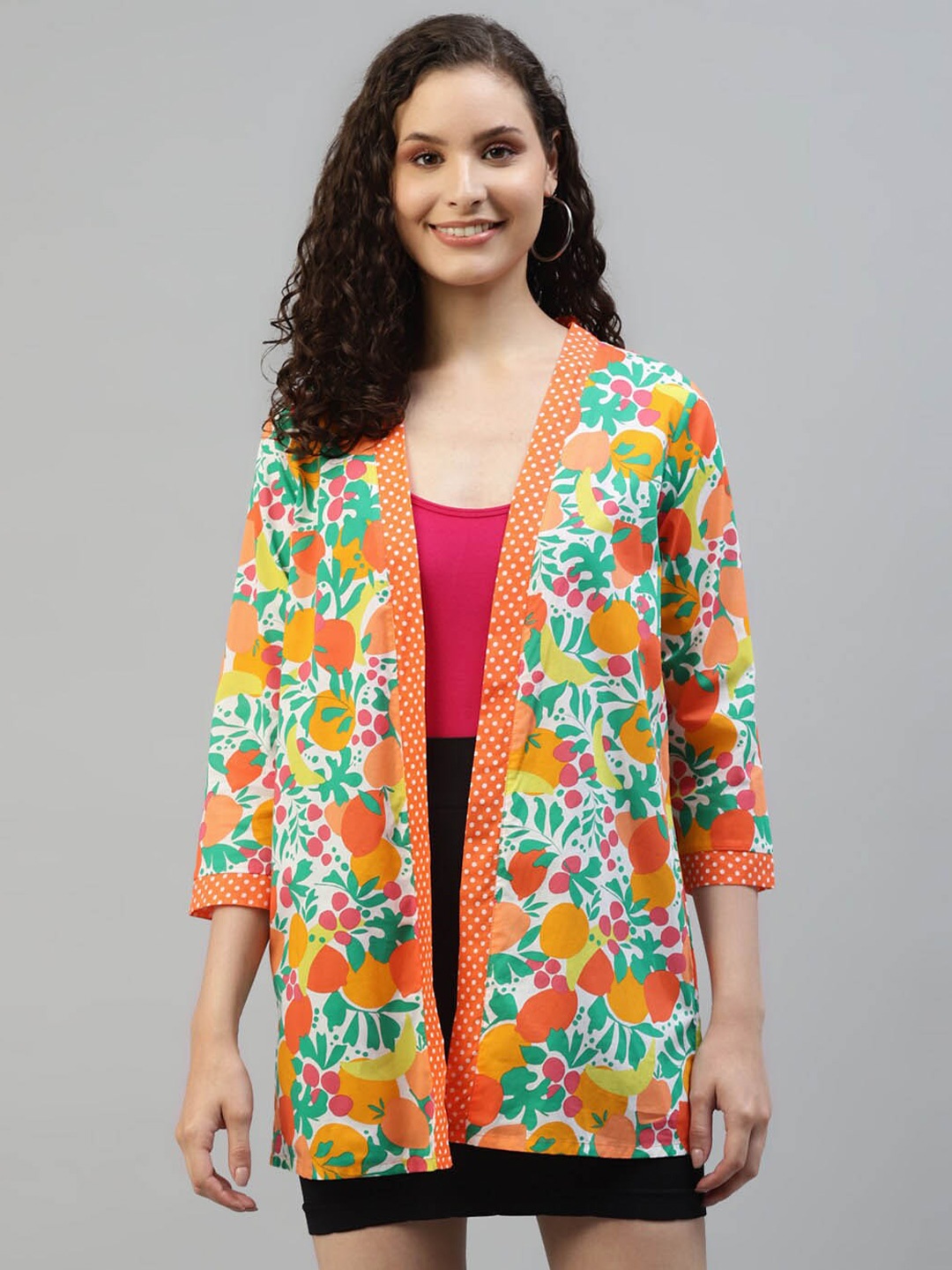 

DEEBACO Women White & Orange Printed Longline Tropical Shrug
