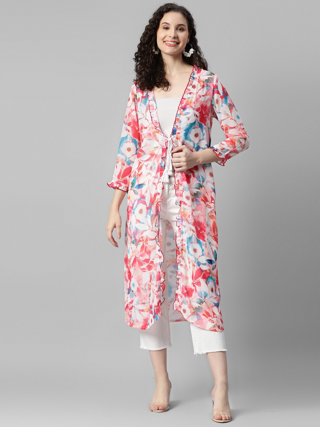 

DEEBACO Floral Printed Longline Tie-Up Shrug, White