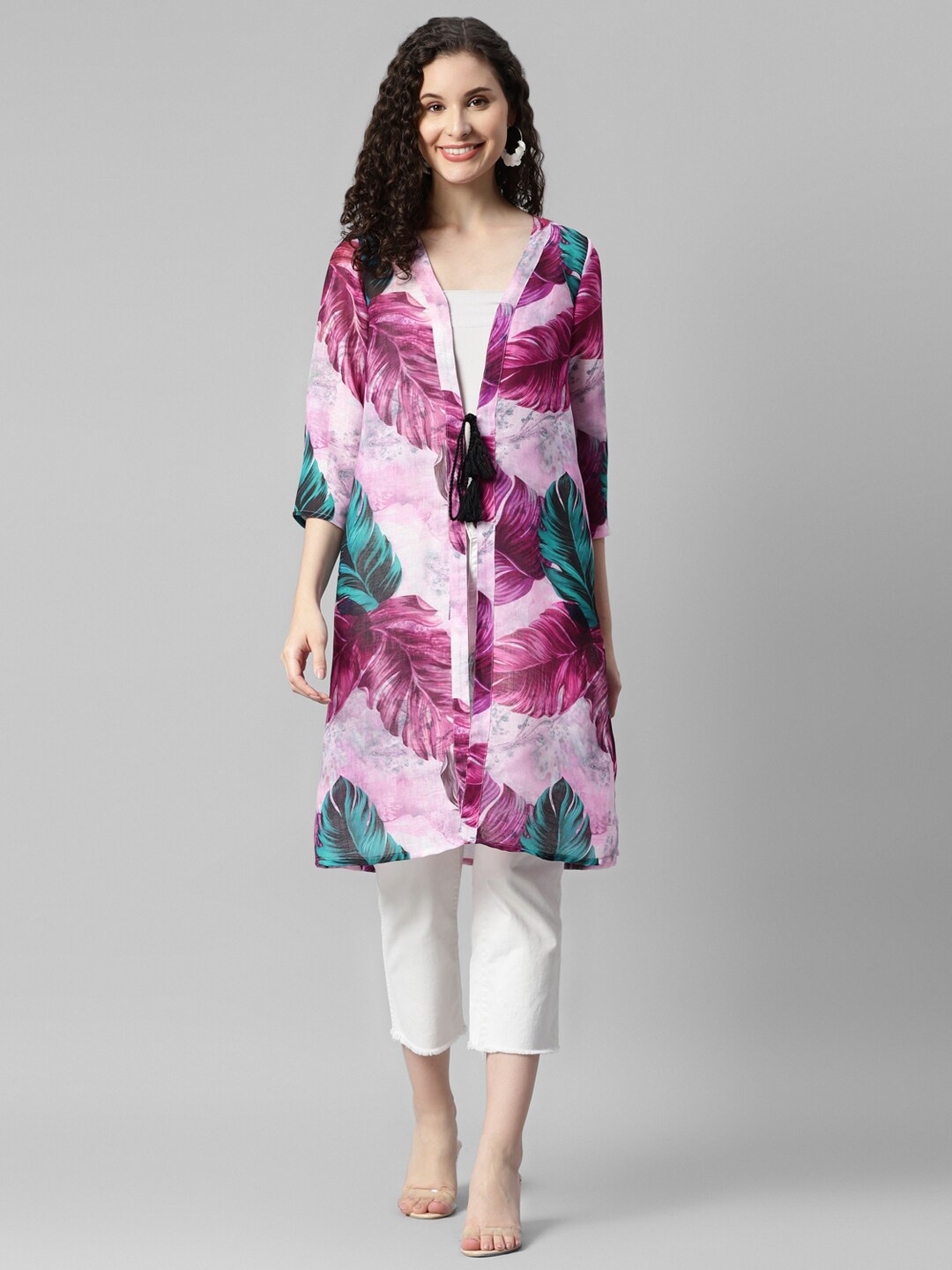 

DEEBACO Tropical Printed Longline Tie-Up Shrug, White