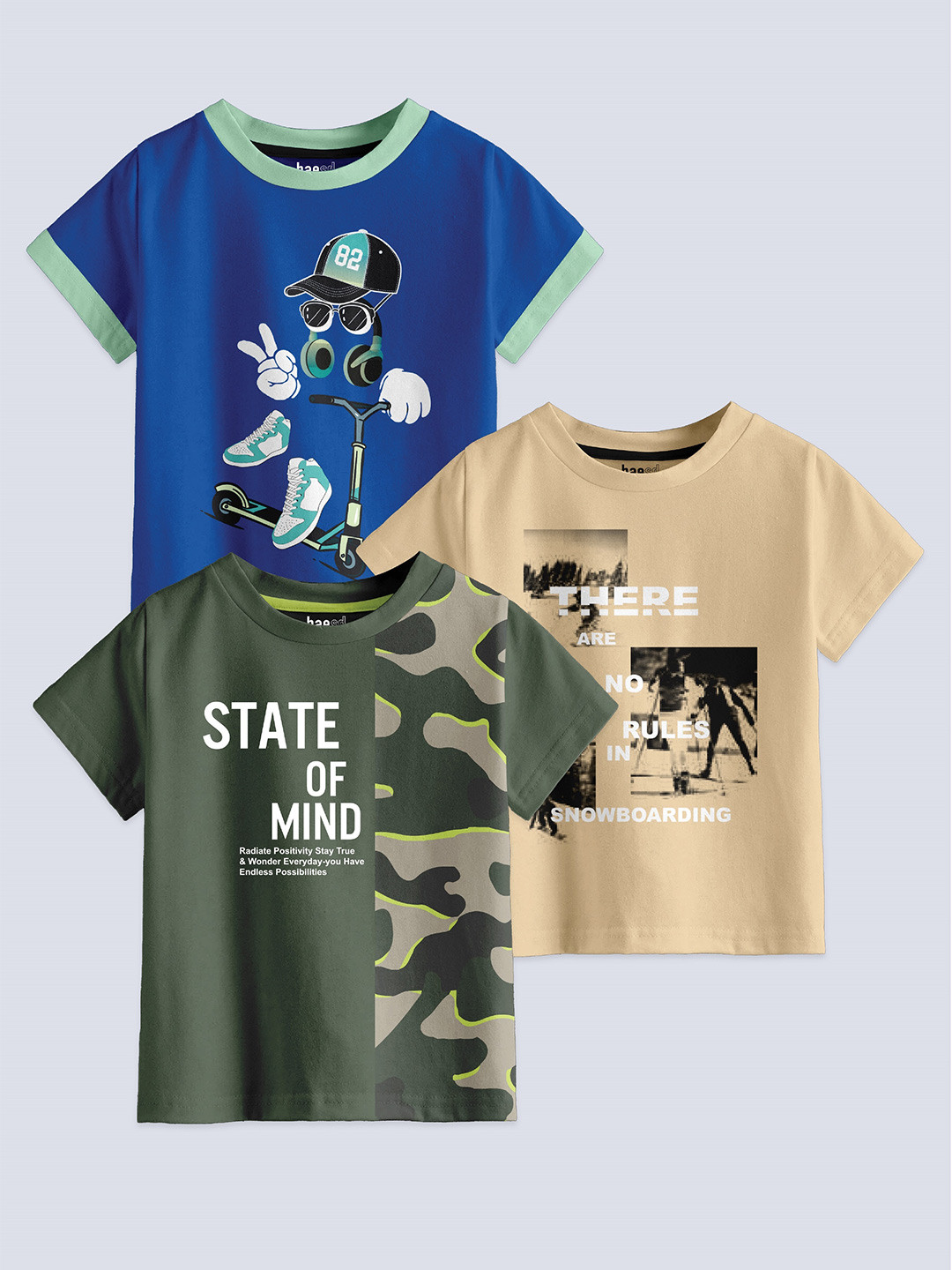

BAESD Boys Pack Of 3 Graphic Printed Pure Cotton T-shirt, Blue