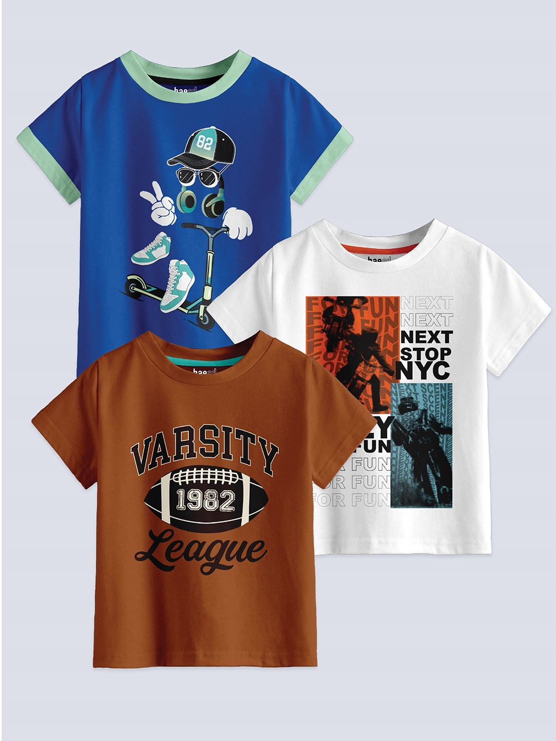 

BAESD Boys Pack Of 3 Printed Round Neck Cotton T-shirts, Blue