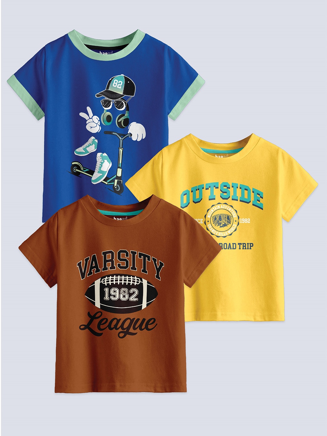 

BAESD Boys Pack Of 3 Graphic Printed Pure Cotton T-shirt, Blue