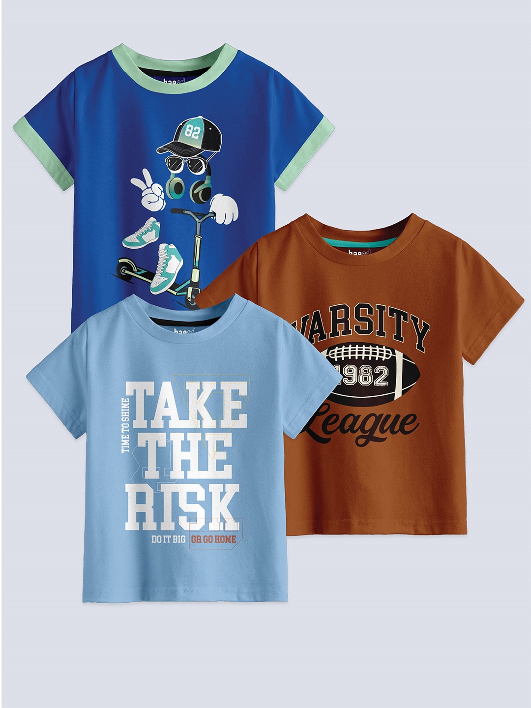 

BAESD Boys Pack Of 3 Printed Round Neck Cotton T-shirts, Blue