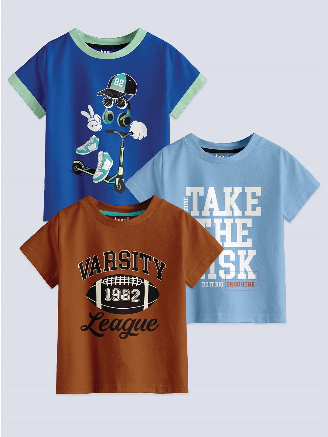 

BAESD Boys Pack Of 3 Printed Round Neck Cotton T-shirts, Blue