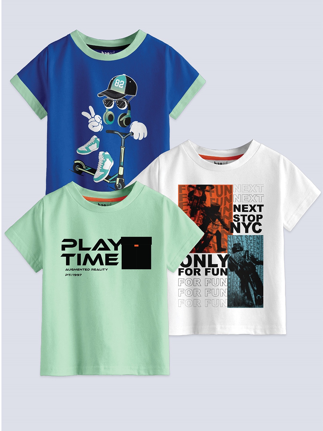 

BAESD Boys Pack Of 3 Graphic Printed Pure Cotton T-shirt, Blue