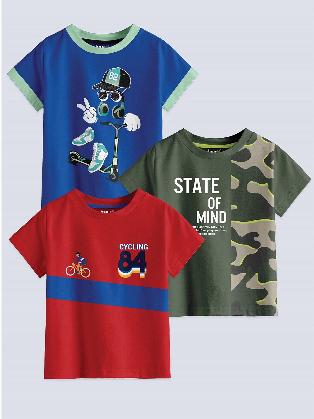 

BAESD Boys Pack Of 3 Graphic Printed Pure Cotton T-shirt, Blue