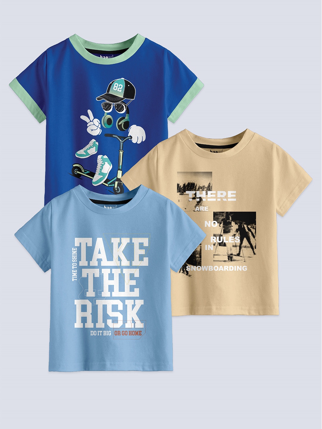

BAESD Boys Pack Of 3 Printed Round Neck Cotton T-shirts, Blue