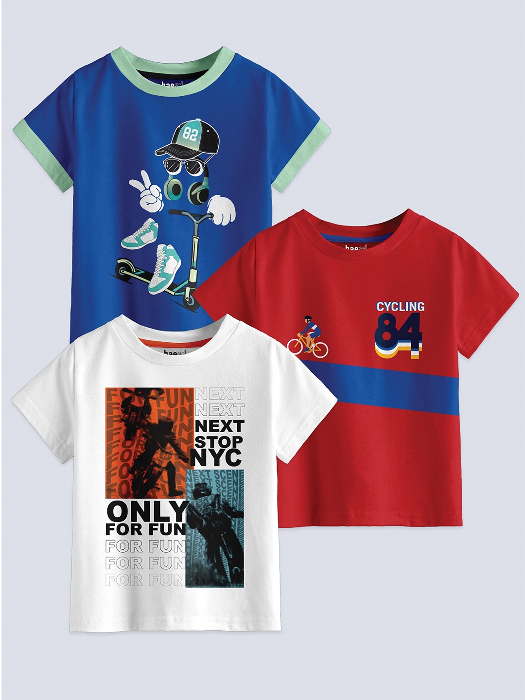 

BAESD Boys Pack Of 3 Printed Round Neck Cotton T-shirts, Blue
