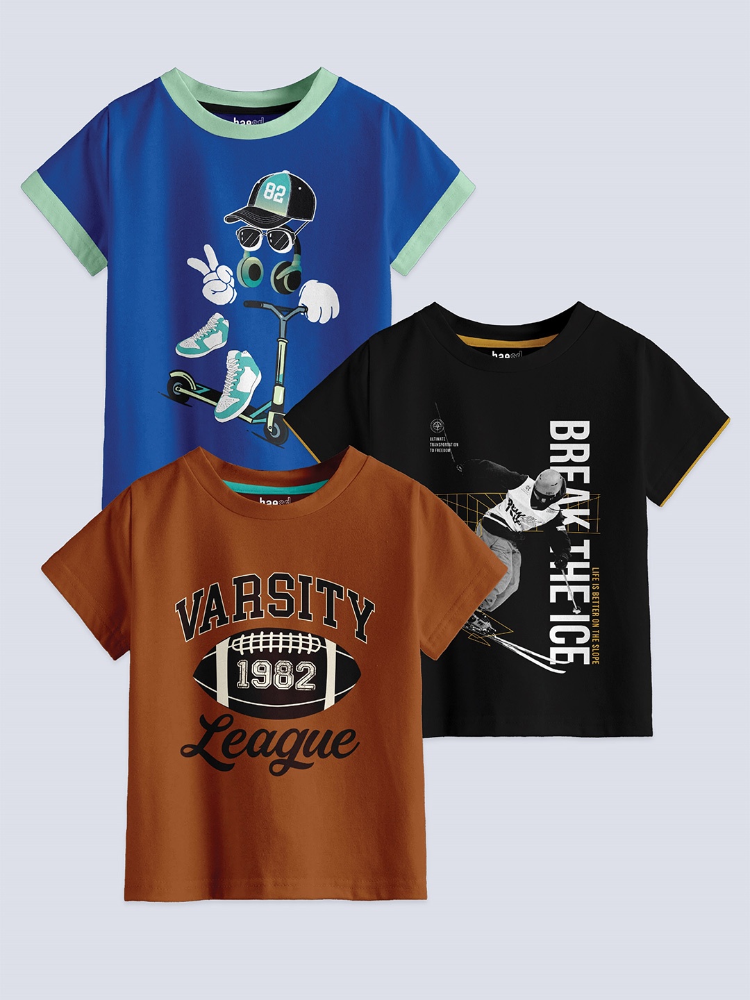 

BAESD Boys Pack Of 3 Printed Round Neck Cotton T-shirts, Blue
