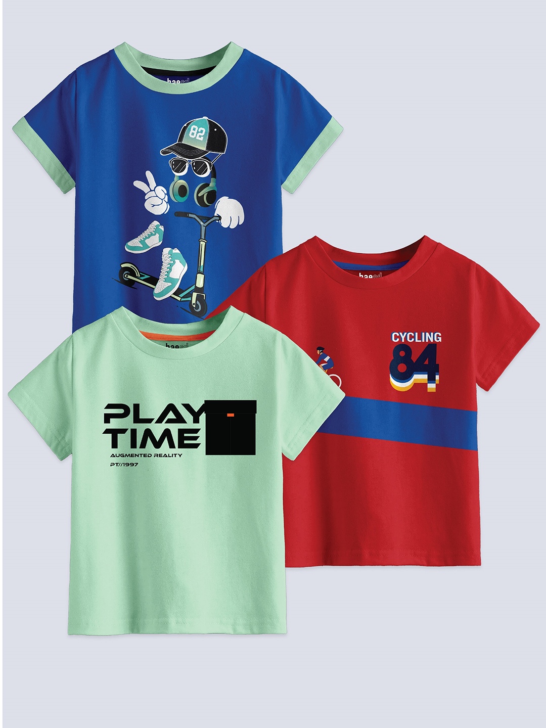 

BAESD Boys Pack Of 3 Graphic Printed Pure Cotton T-shirt, Blue