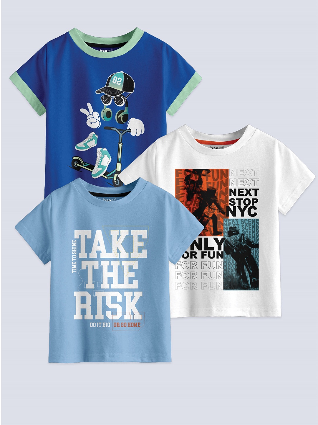 

BAESD Boys Pack Of 3 Graphic Printed Pure Cotton T-shirt, Blue