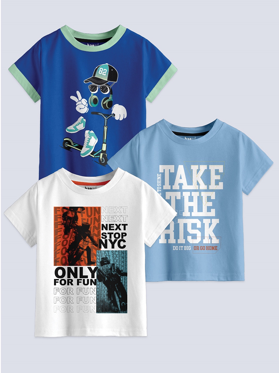 

BAESD Boys Pack Of 3 Typography Printed Pure Cotton T-shirt, Blue