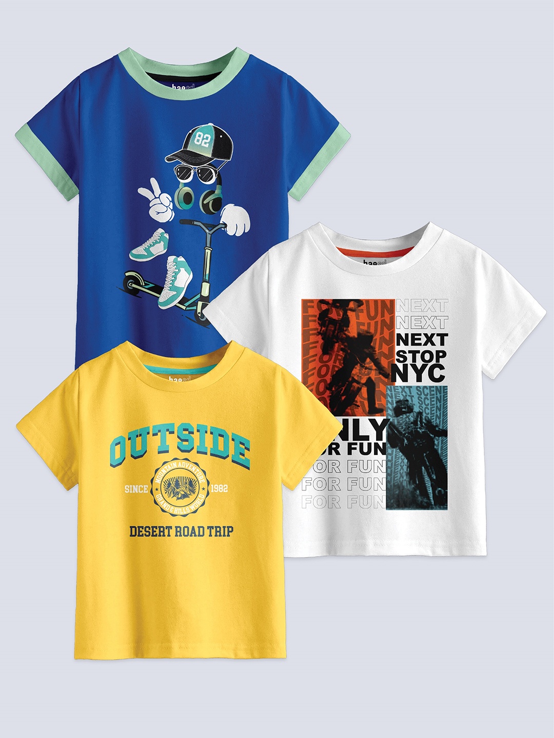 

BAESD Boys Pack Of 3 Printed Round Neck Cotton T-shirts, Blue