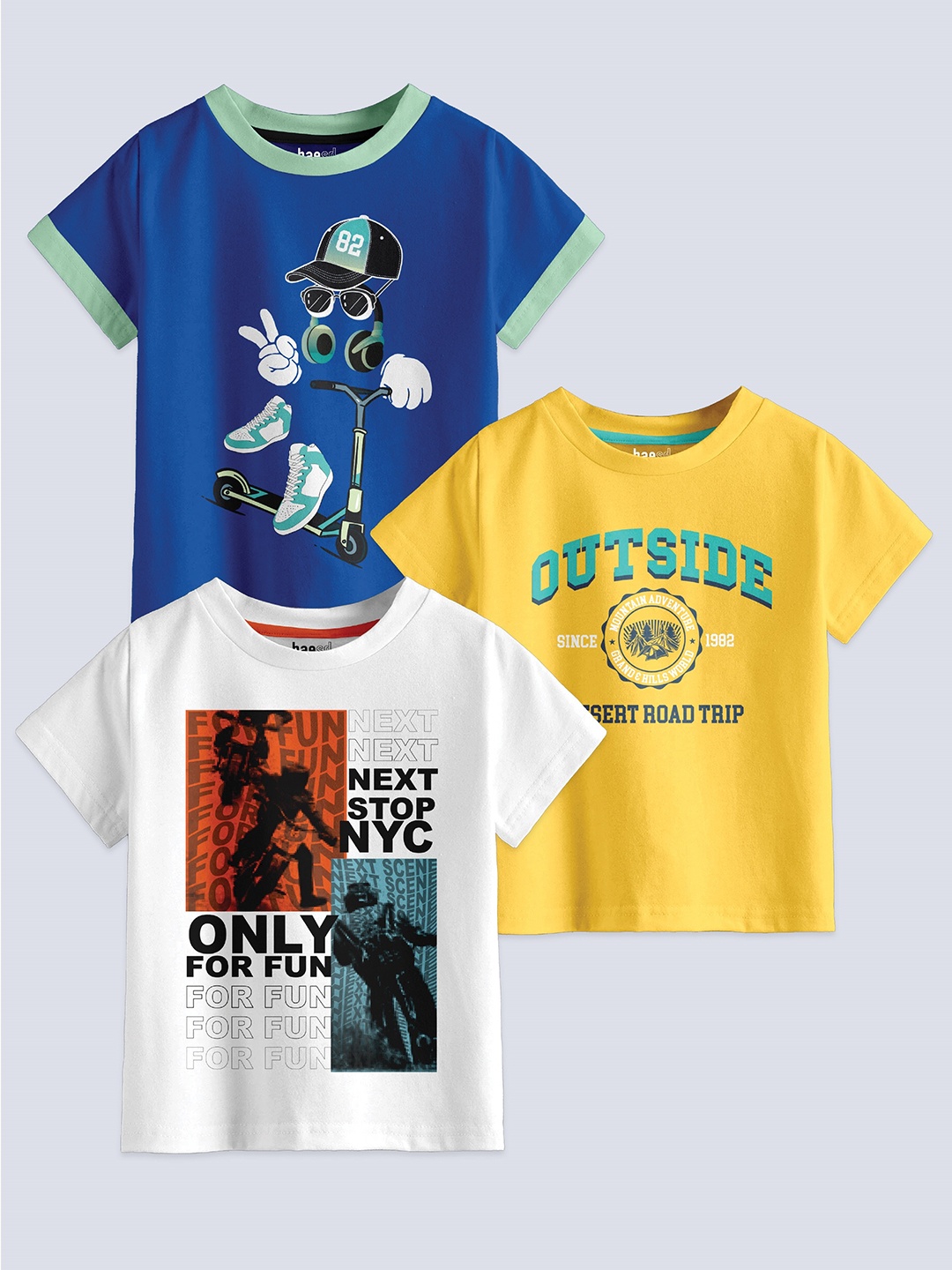 

BAESD Boys Pack Of 3 Printed Round Neck Cotton T-shirts, Blue