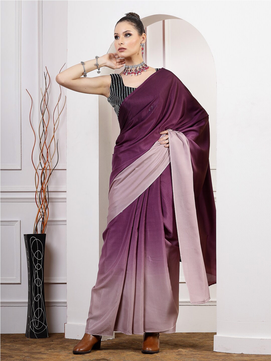 

Satrani Purple & Mauve Ombre Satin Saree