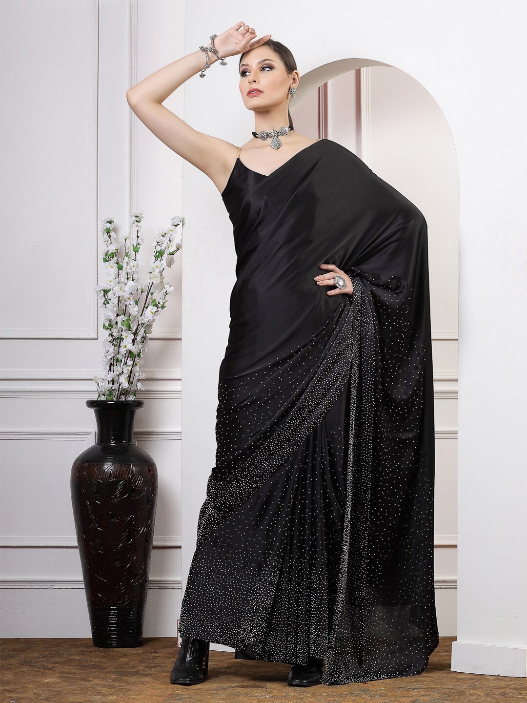 

Satrani Black & Silver-Toned Embellished Satin Saree