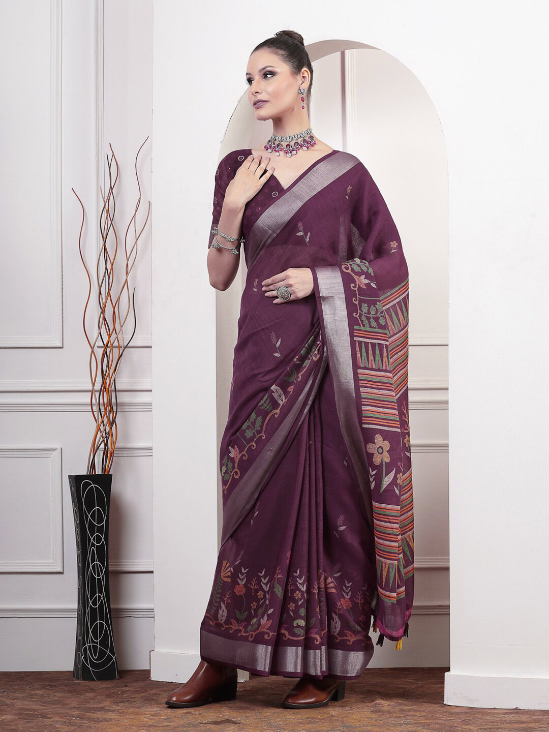 

Satrani Purple & Green Floral Zari Saree