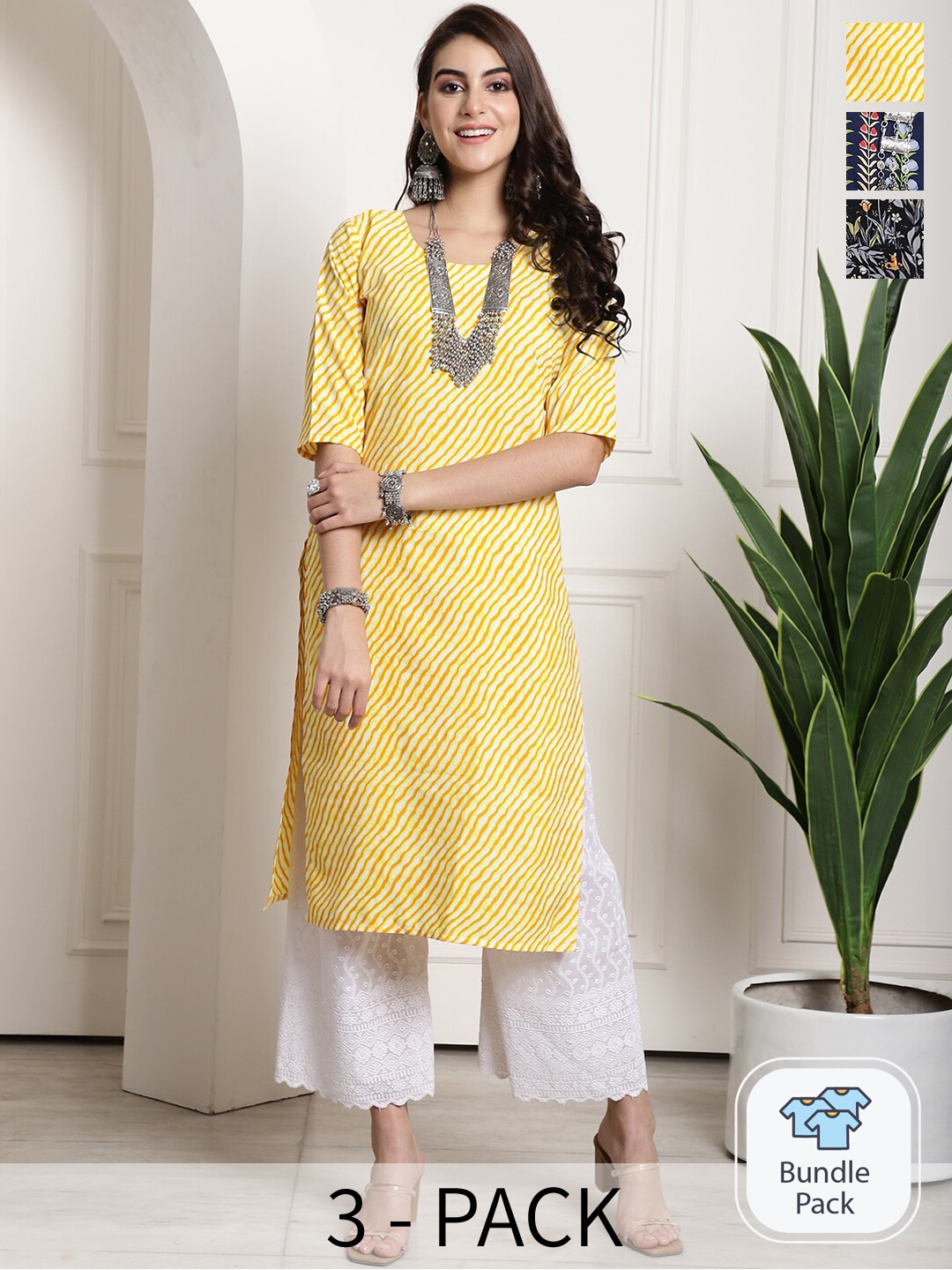 

7Threads Selection of 3 Printed Round Neck Straight Kurtas, Yellow