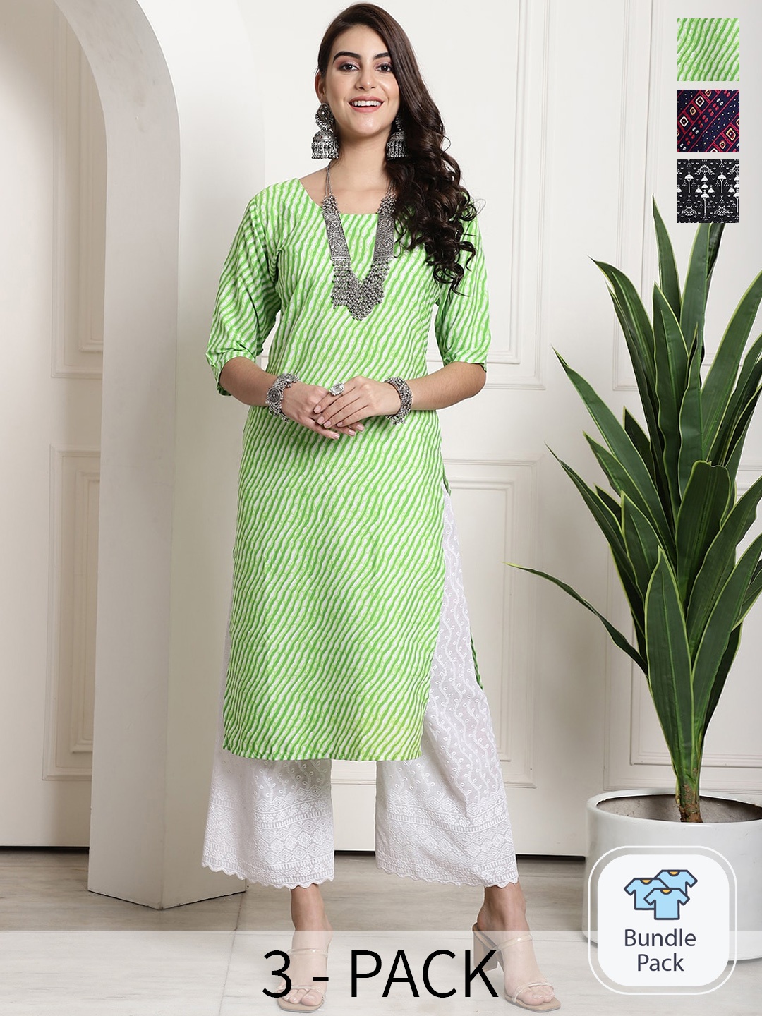 

7Threads Selection of 3 Ethnic Motif Printed Straight Crepe Kurtas, Green